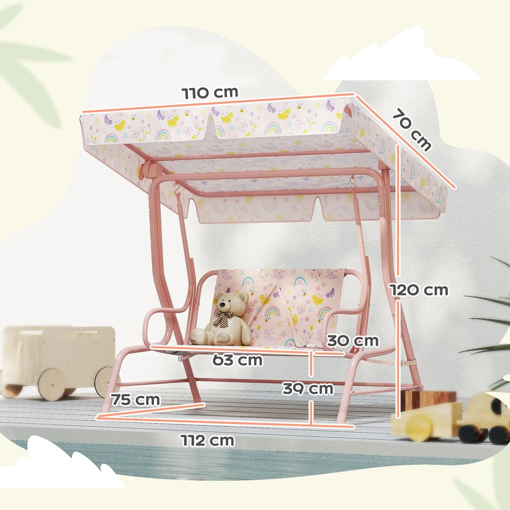 AIYAPLAY Huśtawka Ogrodowa dla Dzieci, Ramka Stalowa, 2-osobowa, Nośność 60 kg, Różowa