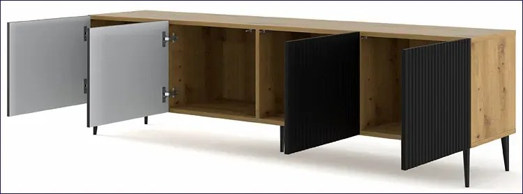 Szafka na TV dąb artisan z czarnym lamelowym frontem - Melis 12X