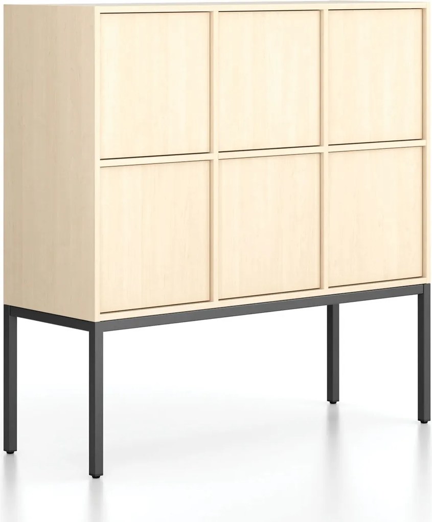 Szafa biurowa FRAME, niska, czarna podstawa, 6x drzwi, 1299 x 450 x 1331 mm, PUSH-lock, brzoza