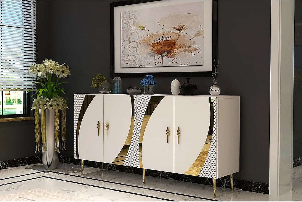 Komoda – 150 cm x 75 cm x 35 cm – biało-złota – płyta wiórowa pokryta melaminą