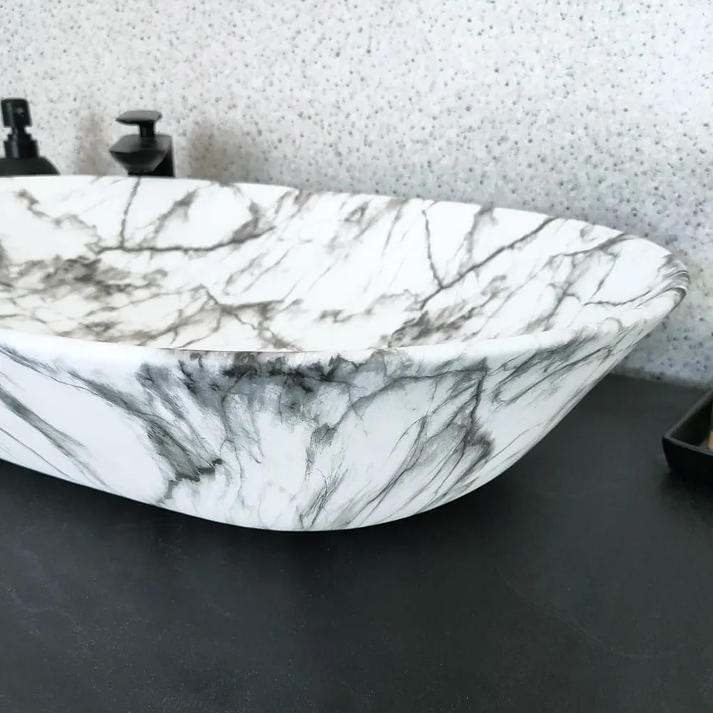 Umywalka  ceramiczna nablatowa owalna marmurowa biała bez otworu na baterię 60 x 42 cm MARMO White