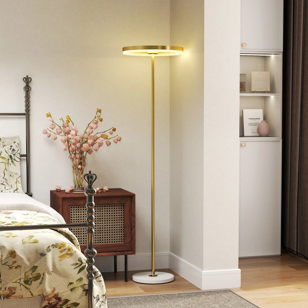 HOMCOM Lampa podłogowa z przełącznikiem nożnym, konstrukcja metalowa, abażur z akrylu, 4000K, przyciemniana, kolor złoty