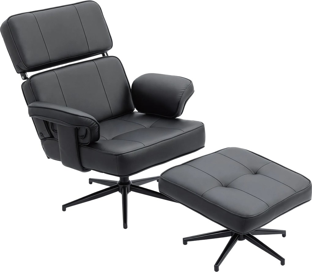 HOMCOM Regulowany fotel leżankowy z podnóżkiem, obicie z ekoskóry, regulowany zagłówek, metalowa podstawa, czarny