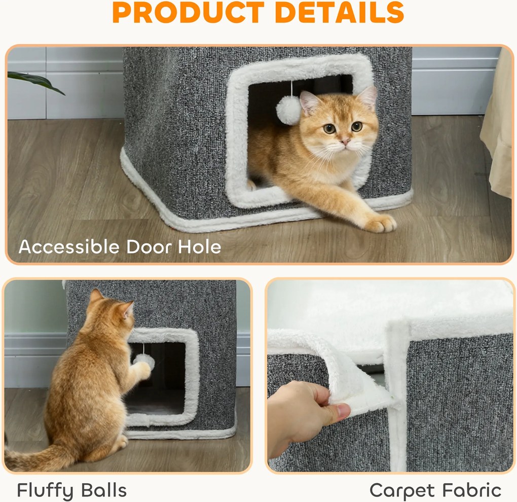 PawHut 4-poziomowa wieża dla kotów, drapak z 3 jaskiniami, płyta wiórowa, piłeczki do zabawy, szary