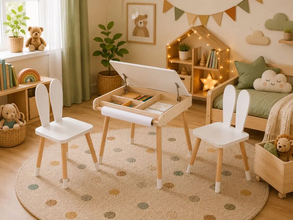 Rosnący zestaw dziecięcy BUNNY, stolik i 2 krzesełka, biały/brązowy ELIS design
