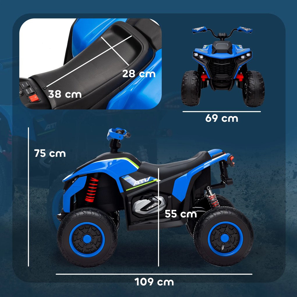 AIYAPLAY Elektryczny Quad dla Dzieci, 3-6 km/h, Oświetlenie LED, Muzyka, USB, dla Dzieci 3-8 Lat, Niebieski