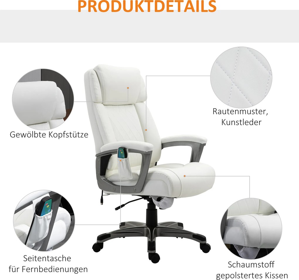 Vinsetto Krzesło Fotel z masażerem fotel krzesło obrotowe z 6-punktowym masażem Maksymalne obciążenie 136kg kolor biały | Aosom PL