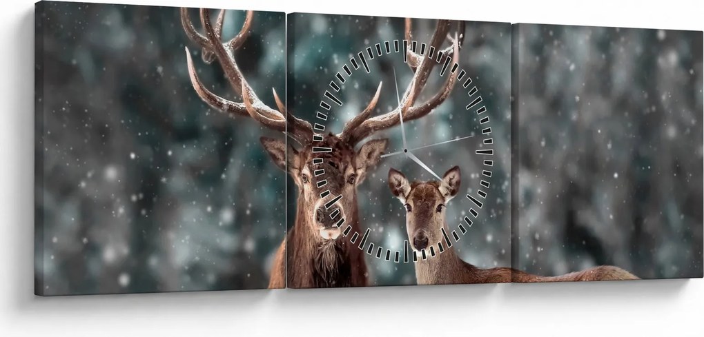 Obraz - Jeleń i łania w zaśnieżonym lesie (z zegarem) (90x30 cm)