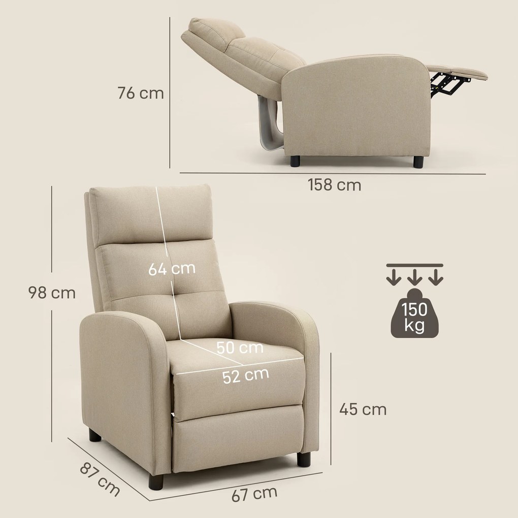 HOMCOM Fotel relaksacyjny z funkcją leżanki, wysuwany podnóżek, kieszeniowy system sprężyn, do 150 kg, beżowy | Aosom PL