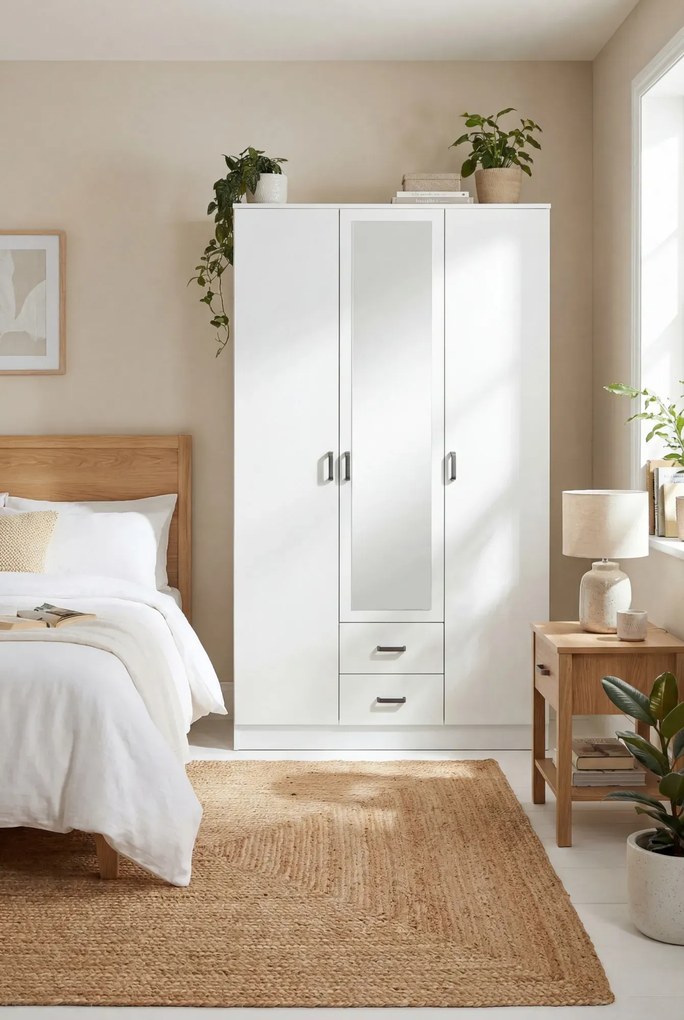 Biała trzydrzwiowa szafa z lustrem i szufladami C6-F82