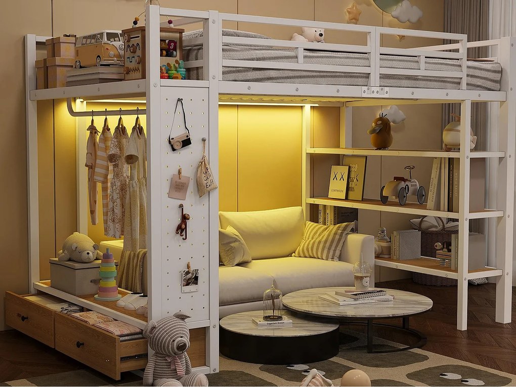 Łóżko na antresoli metalowe 140x200cm z LED - otwarta szafa i 2 szuflady - Półki + panele do przechowywania - Biały​ (bez materaca)