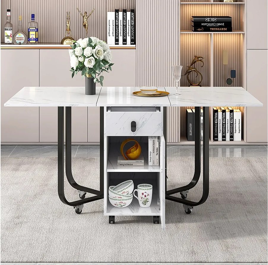 Składany stół jadalniany z 2 szufladami i 2 drzwiczkami, mobilny na kółkach – biały i czarny