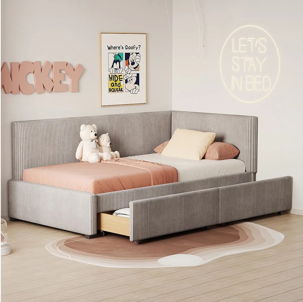 Łóżko dziecięce 90x200 cm – z zagłówkiem, 2 szufladami, stelaż z listew – szare – materac nie jest wliczony w cenę