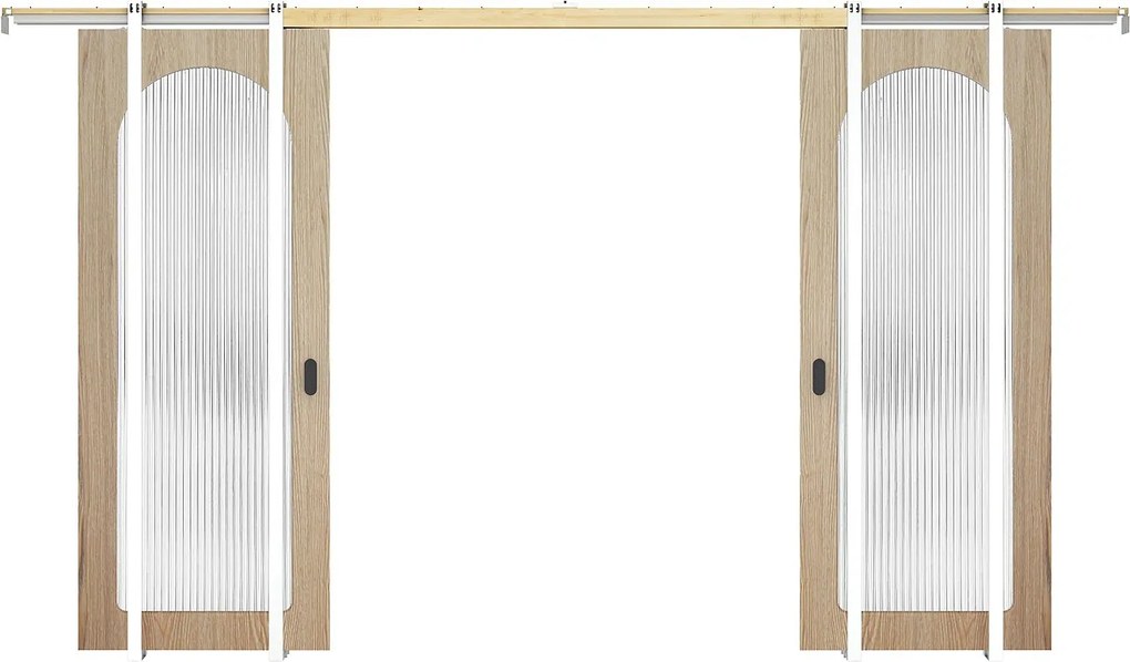 Drzwi podwójne przesuwne z systemem chowanym w ścianie z drewna i MDF - łuk naturalny jasny i hartowane szkło ryflowane - 2 x W205 x Szer93 cm - ODEZA
