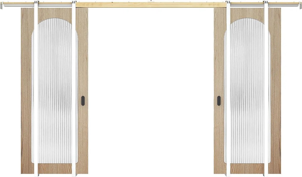Podwójne drzwi przesuwne z systemem chowanym w ścianie z drewna i MDF - łuk naturalny jasny i hartowane szkło ryflowane - 2 x W205 x Szer93 cm - ODEZA