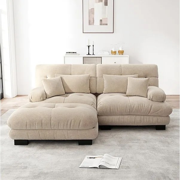 Sofa narożna 2-osobowa z tkaniny Chenille, z 4 poduszkami, zdejmowaną pufą, kombinacja DIY, 220x145x81cm, Beżowy