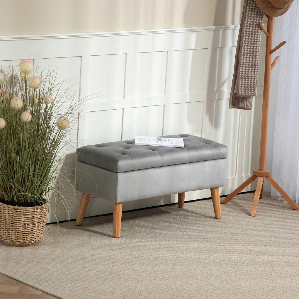 HOMCOM Tapicerowana ławka z miejscem do przechowywania, pokrycie z aksamitu, nogi z drewna, do salonu, sypialni, przedpokoju, 80 x 35 x 40 cm, Szary