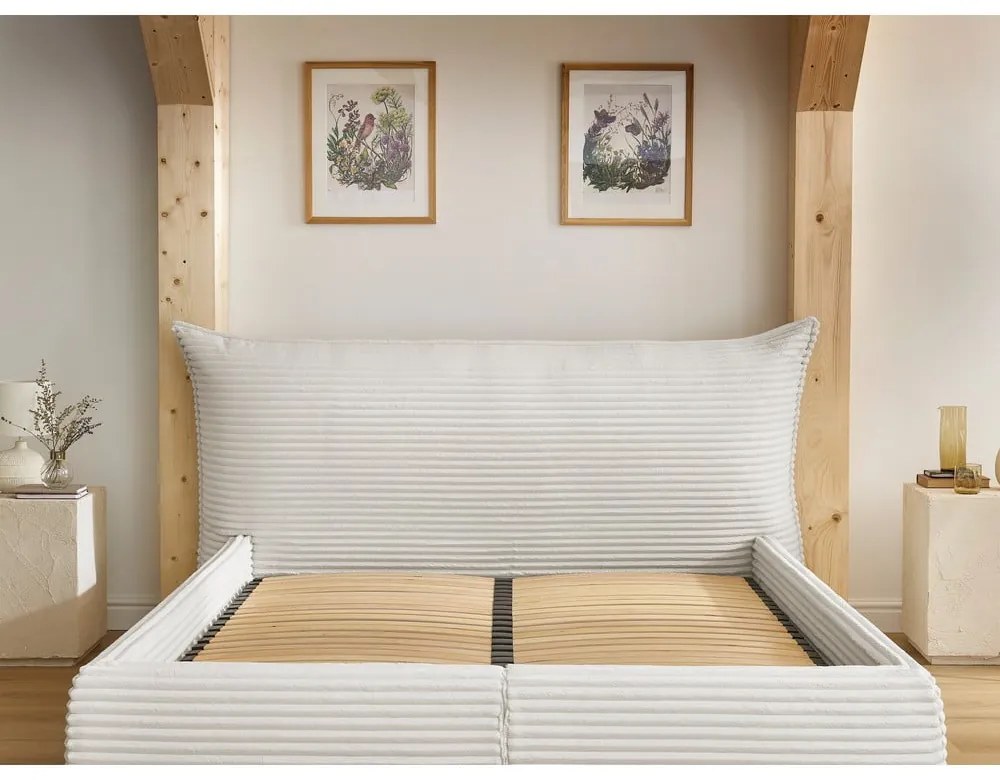 Beżowe tapicerowane łóżko dwuosobowe ze schowkiem ze stelażem 180x200 cm Jade – Bobochic Paris