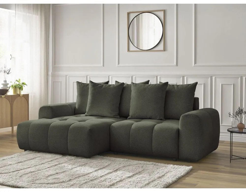 Rozkładany/ze schowkiem narożnik z tkaniny szenilowej (lewostronny/z szezlongiem) w kolorze khaki Roxelane – Bobochic Paris