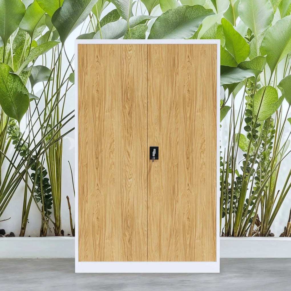 Szafa biurowa metalowa Biały/ Złoty dąb: Eco Design JAN II, 1150 x 1850 x 400 mm