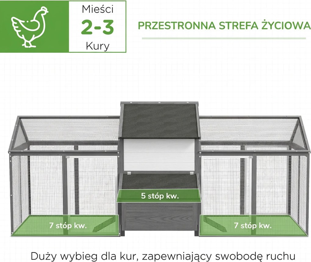 PawHut Kurnik dla małych zwierząt 2 wybiegi zewnętrzne, 1 gniazdo, 2 rampy, dach asfaltowy, odporny na warunki atmosferyczne, Szary
