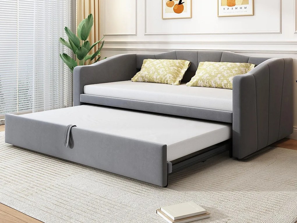 Rozkładana sofa z weluru 180x200 cm - z wsuwanym łóżkiem - stelaż lamelowy - ​​Szary​