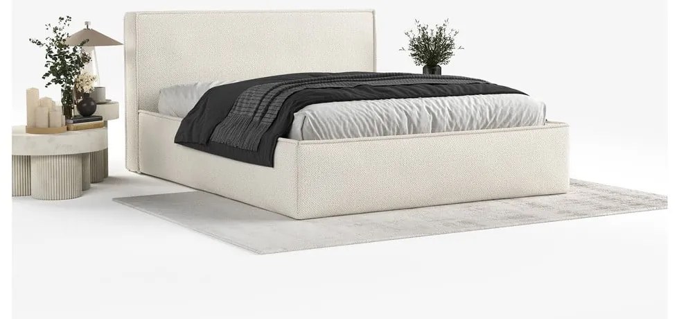 Kremowe tapicerowane łóżko dwuosobowe ze schowkiem i stelażem 200x200 cm Lounge L – Maison de Rêve