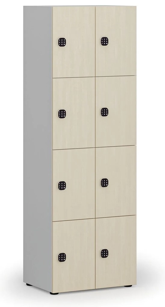 Drewniana szafka skrytkowa S4, 8 schowków, demontaż, zamek kodowy, szary/brzoza