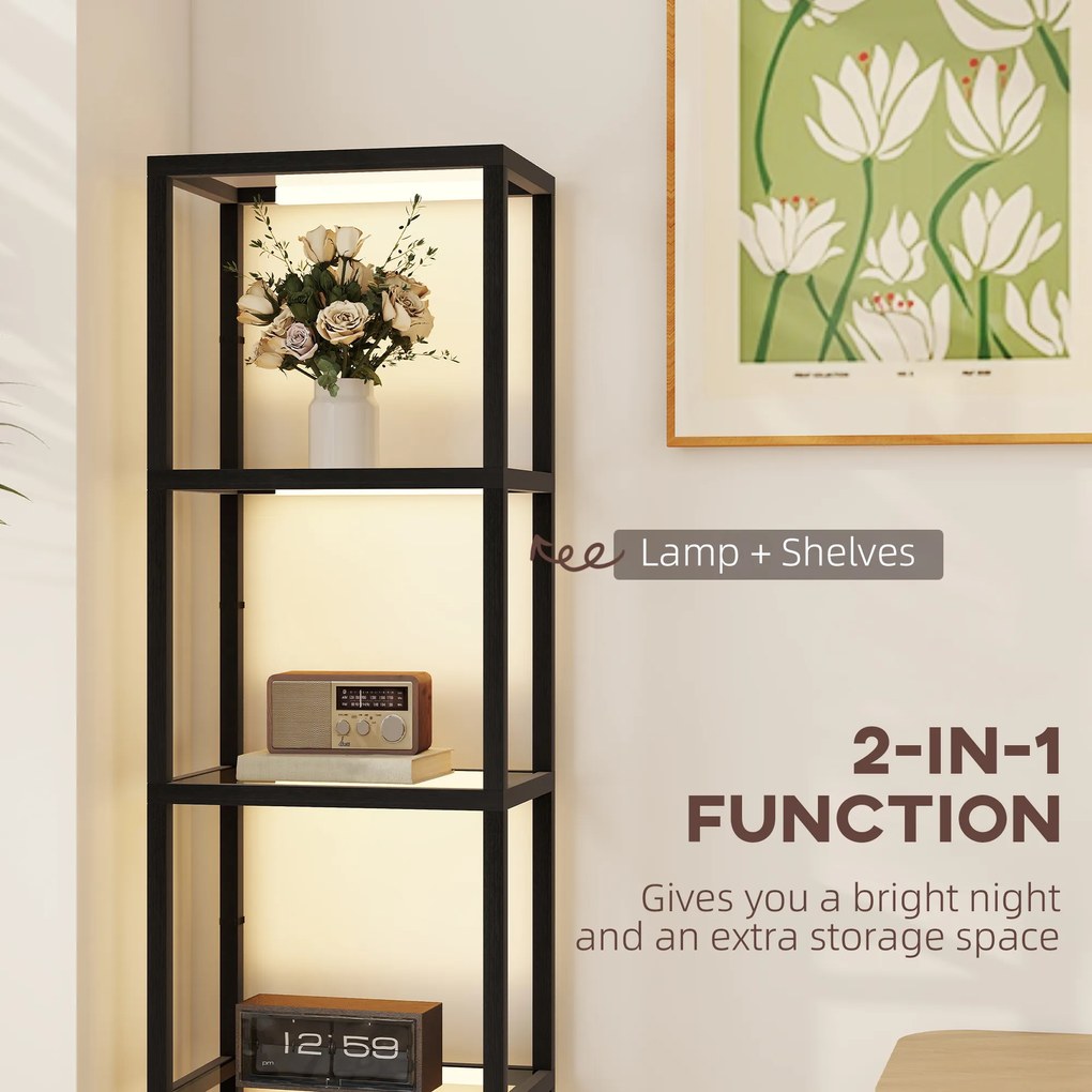 HOMCOM Lampa podłogowa LED z 4-półkowym regałem, regał świetlny z 4 szklanymi półkami, przełącznik nożny, MDF, Czarny