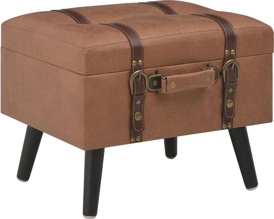 Brązowy stołek do przechowywania 40 cm z ekoskóry z nogami z litego drewna i schowkiem pod siedziskiem