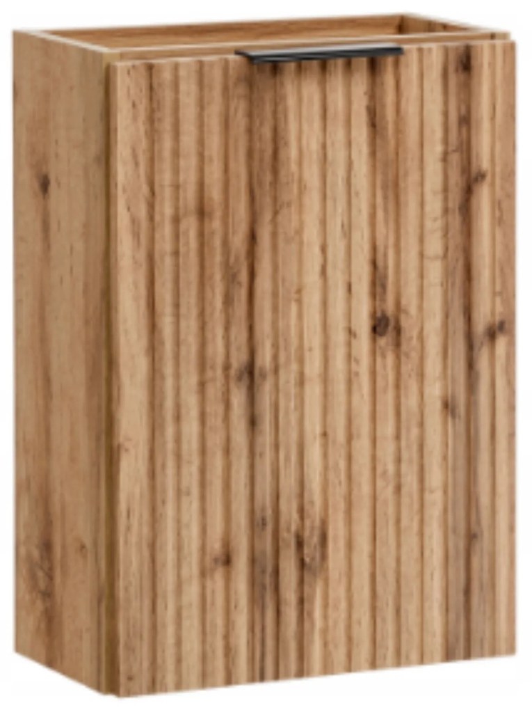 Szafka wisząca w kolorze naturalnego drewna ryflowane fronty z białą umywalką 40 x 22 cm ASTROS Light Oak