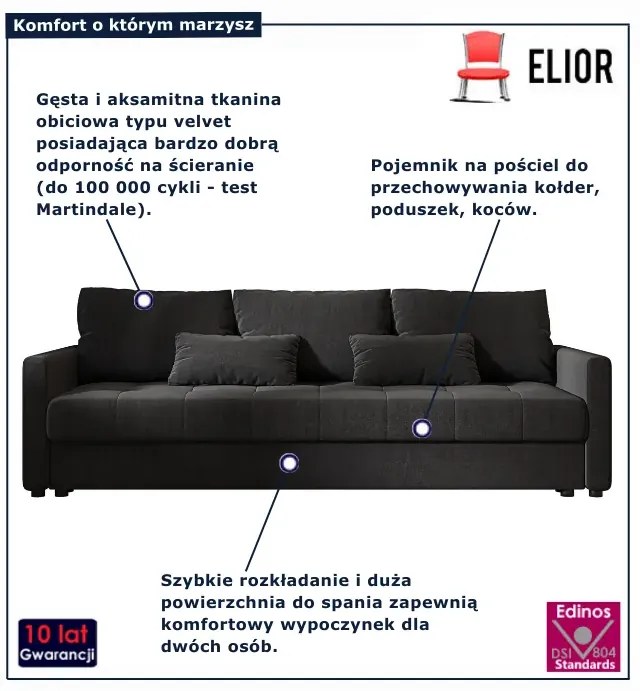 Ciemnoszara sofa rozkładana tapicerowana welurem H3-N78