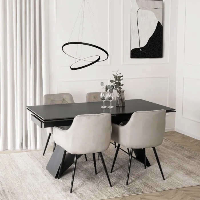 Zestaw Stół Prostokątny Rozkładany VICTOR 160-240 cm Czarny Marmur i 4 Krzesła MODESTO Szare Welurowe Nowoczesne