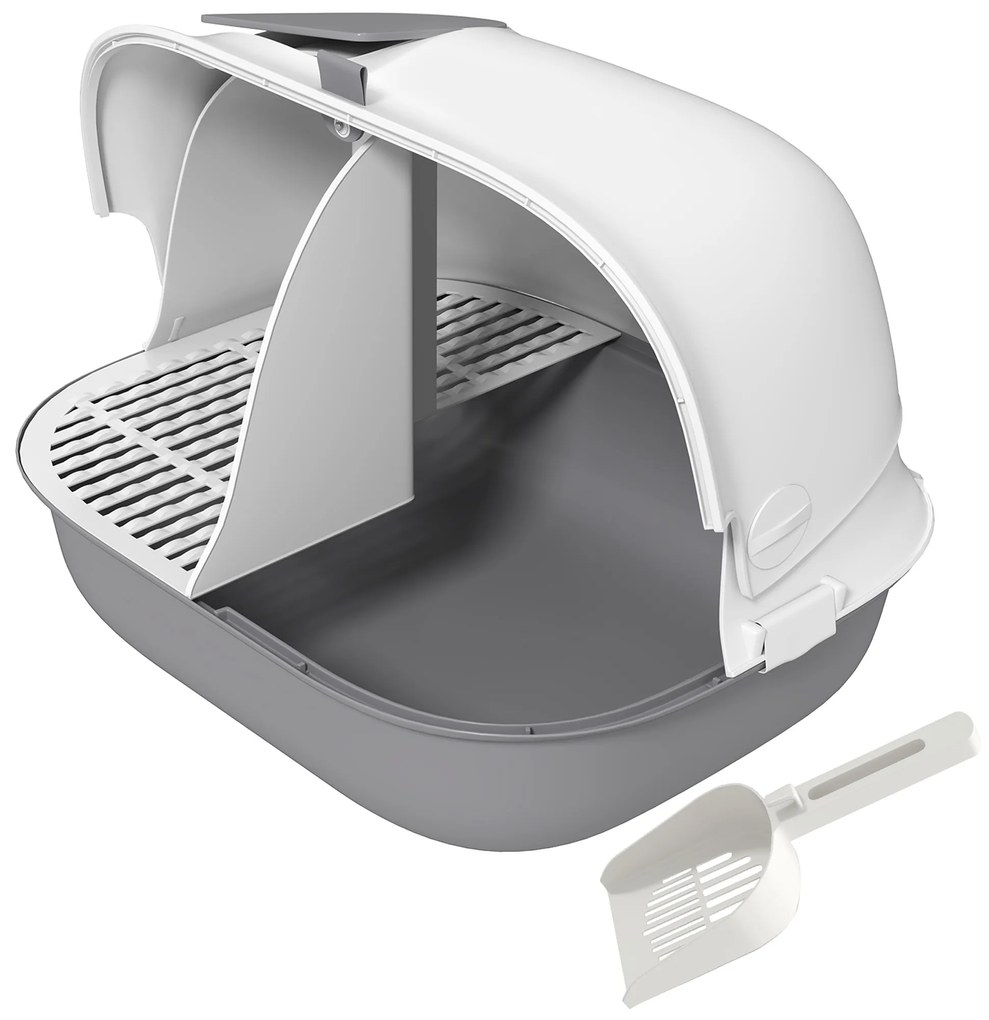 PawHut Kuweta dla Kota z Pokrywą, z Wewnętrznym Kanałem, Drzwiczkami, Łopatką, Łatwa w Czyszczeniu, Plastik, Jasnoszary