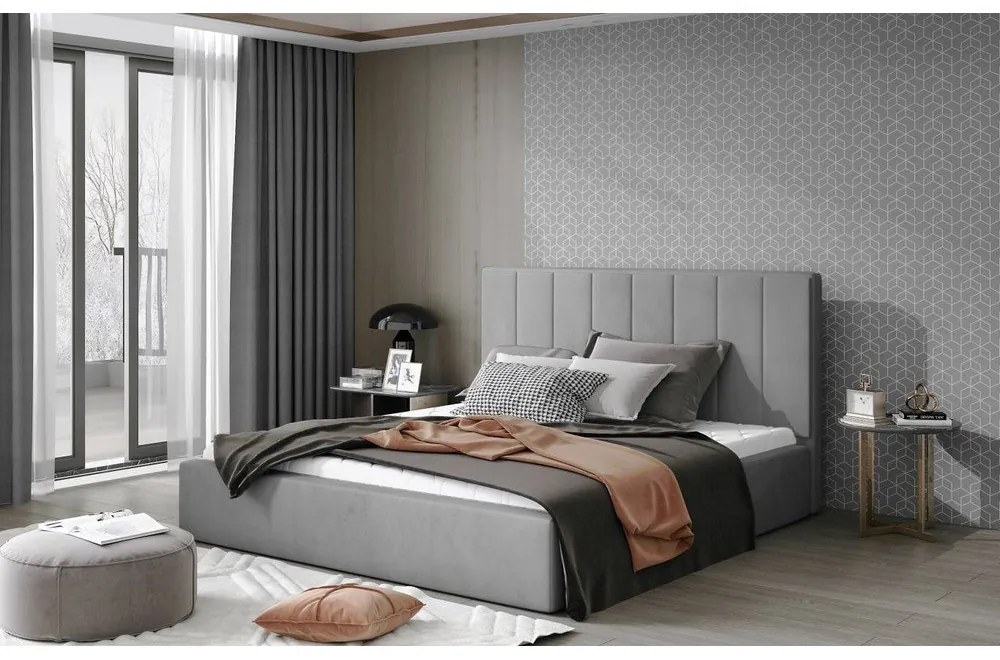 Szare tapicerowane łóżko dwuosobowe ze schowkiem ze stelażem 140x200 cm Audrey – ELTAP