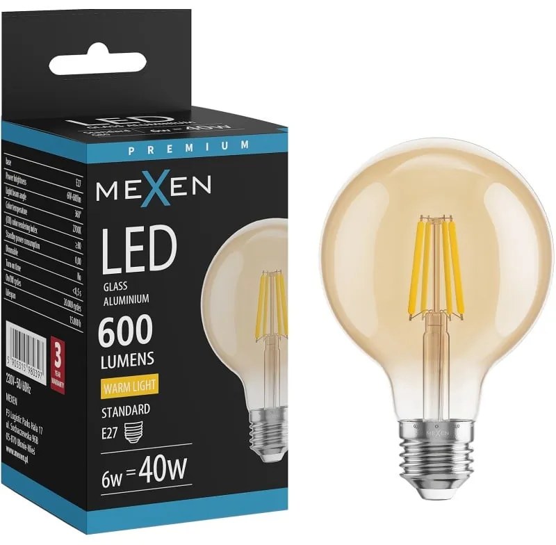 Mexen Vintis żarówka filament LED E27, G80, 6W, Ciepła - 2700K, 400 lm, amber - L155-E27-0627-50