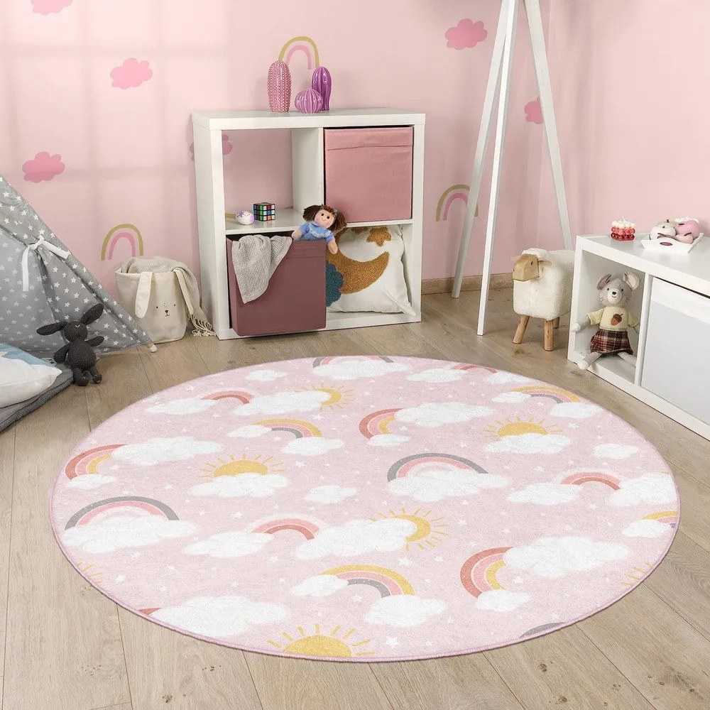 Różowy dywan dziecięcy odpowiedni do prania ø100 cm Rainbow World – Mila Home