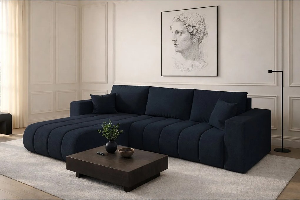 Narożnik z funkcją spania i pojemnikiem MILO PREMIUM, tkanina Wind, Ciemnoniebieski, Lewy