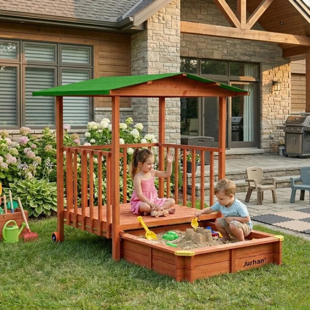Piaskownica z werandą SUNNY, 130x130x143cm, brązowa/zielona Jurhan