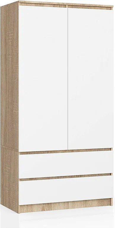 Szafa AKORD S90 Dąb Sonoma 90 cm 2 drzwi 2 szuflady kolor Biały mat 4 półki 90x51x180 cm