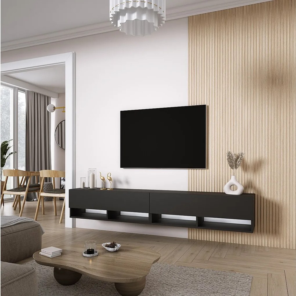 Szafka pod telewizor 200 (2 x 100) cm Czarny Mat, LED biały, 200 × 32 × 34 cm