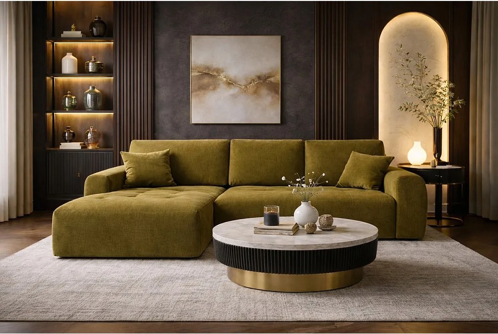 Narożnik w kształcie L z funkcją spania i pojemnikiem Ivo XL, tkanina welurowa Salvador, Oliwkowy, Lewy