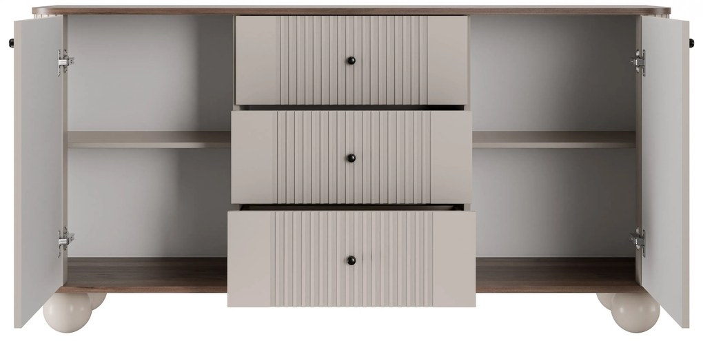 Komoda Vesper 160 cm z szufladami na kulach - kaszmir / orzech / czarne uchwyty / nogi kule