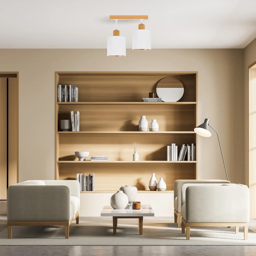 Biała lampa sufitowa, dwupunktowy spot CL-DWE30x7BU-WE z drewna E27