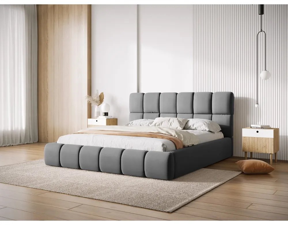 Szare aksamitne tapicerowane łóżko dwuosobowe ze schowkiem i stelażem 180x200 cm Bellis – Micadoni