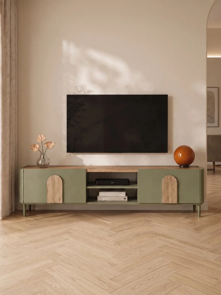 Szafka RTV Amilio 220 cm z szufladą na nóżkach - eukaliptus / dąb baltic dune / uchwyty dąb naturalny