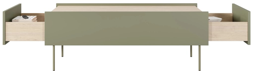 Stolik kawowy Desin 120 cm z szufladami i metalowymi nogami - oliwka / dąb nagano