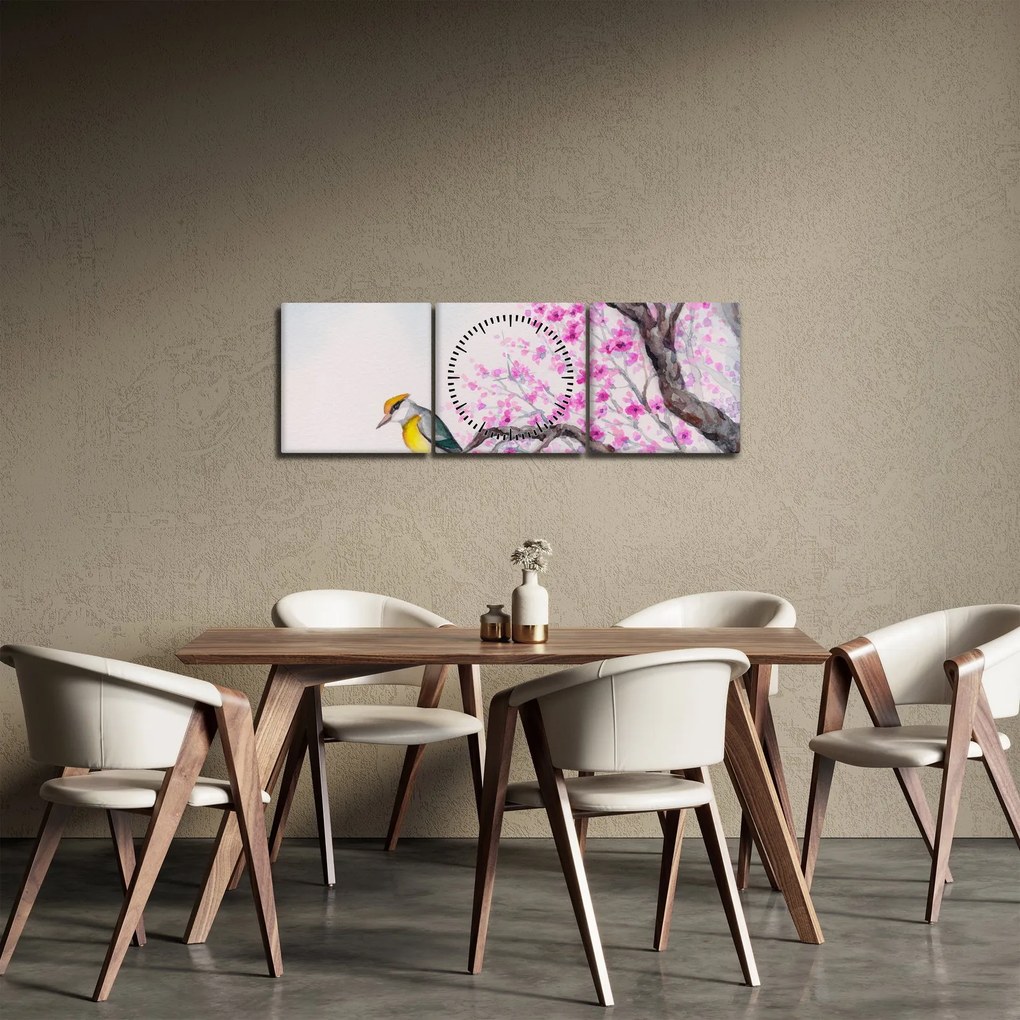 Obraz - ptak na drzewie z różowymi kwiatami (z zegarem) (90x30 cm)