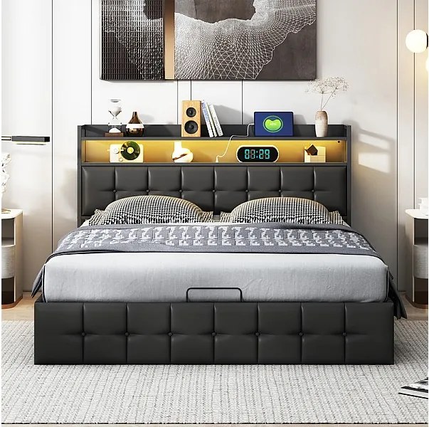 Nowoczesne czarne łóżko dwuosobowe z ekoskóry 160x200cm z magazynem hydraulicznym, oświetleniem LED RGB, portami USB/Type-C i pilotem