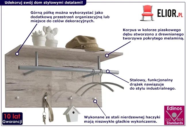 Dębowy wieszak wiszący z półką Avium